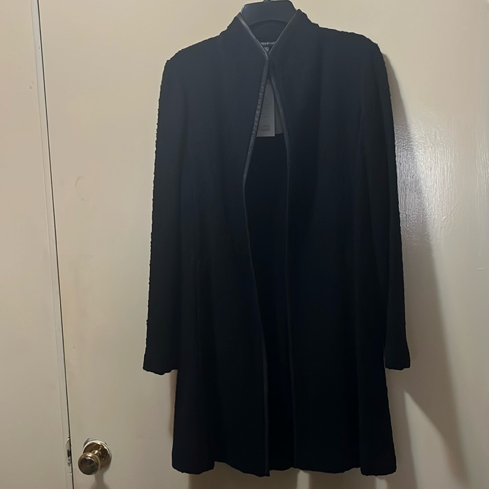NWT Eileen Fisher Black Wool Coat with Leather Trim. Size XS. Open Front.